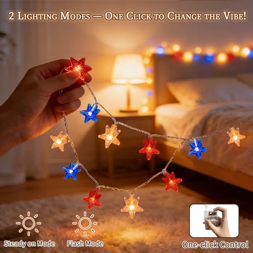 Red White Blue Patriotic String Lights 20FT 40 LED Star Fairy Lights USB and Battery Operated 2 Lighting Modes IP42 Waterproof Indoor Outdoor All Season Americana Decor for Bedroom Desk Patio Camping - style: 4th of July Lights