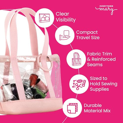 Everything Mary Travel Sewing Kit Organizer – Pink & Clear Mini Sewing Supplies Case for Adults & Kids – Compact Sewing Box with Clear PVC Body for On-the-Go Repairs