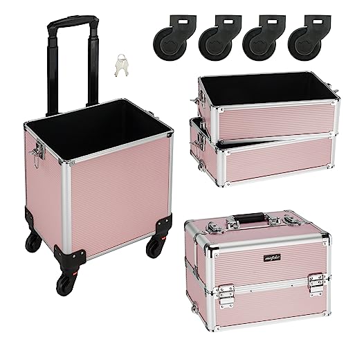 mefeir 4 in 1 Rolling Makeup Train Case, Aluminum Makeup Travel Organizer Cosmetic Case, Cosmetology Display Suitcase on Wheels, Beauty Storage Luggage Lockable w/4 Removable Wheels (Pink) - color: Pink