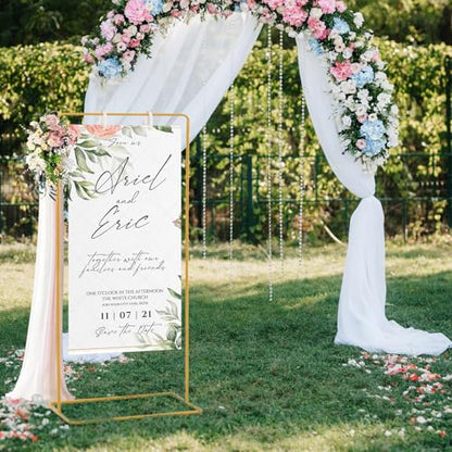Meiqi Gold Adjustable Wedding Welcome Sign Stand with 4 Leather Hanging Straps, Ground Stakes & Weight Bag - Large Easel for Wedding Signs, Posters, Banners - Perfect for Outdoor Events, Baby Showers - color: Gold