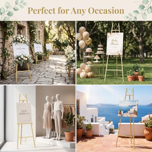 Gold Easel Stand for Sign Wedding, 57.5-Inch Adjustable Metal Stand | Welcome Sign Holder 4-tier Display Height, with Carry Bag, for Posters, Art, Pictures, Up to 10-25 lb