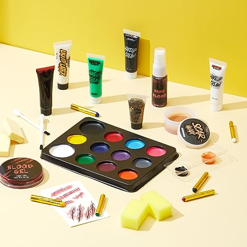 Spooktacular Creations 25 PCS Halloween Family Makeup Kit, 12 Color Special Effect Face Body Paint, Costume Makeup, Zombie Cosplay, Wounds, Injuries & Blood for Halloween Party Supplies