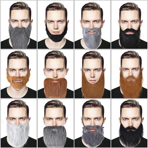 WILLBOND 12 Pcs Fake Beard Mustache Halloween Cosplay Costume Accessories | Adjustable Elastic Rope,Multiple Styles, Cosplay Whiskers, Facial Hair Disguise, Males Dress Up
