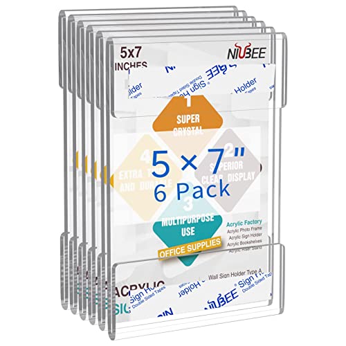 NIUBEE 5x7 Acrylic Sign Holder Wall Mount Clear Frame 6 Pack | With Adhesive Tapes, Vertical Display 5 x 7 Flyer Picture Postcard, For Office Flat Store Wall Door Window - size: 5x7"