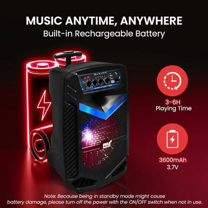 Pyle 400W Rechargeable Outdoor Bluetooth Speaker Portable PA System w/ 8” Subwoofer 1” Tweeter, Recording Function, Mic In, Party Lights USB/SD, Radio - Pyle PPHP842B, BLACK - size: 8 in