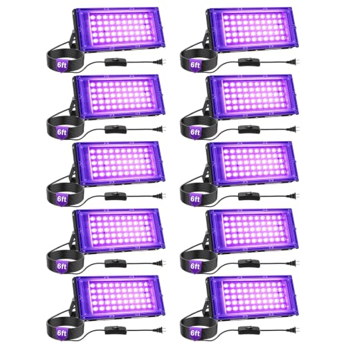 10 Pack 50W Black Light for Glow Party LED Blacklight Flood Light IP66 Waterproof with US Plug and Switch for Halloween Decorations,Body Painting,Birthday Party,Classroom,Stage Lighting
