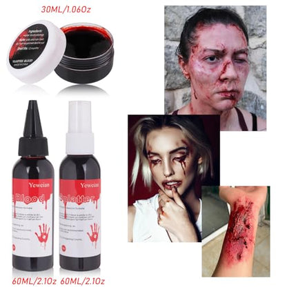 4PCS Fake Blood Makeup Kit, Washable Fake Blood Spray 2.1oz, Dripping Blood 2.1oz, Coagulated Blood 1.06oz and One Stipple Sponge, Halloween SFX Makeup for Zombie,Vampire and Monster Cosplay - color: Fake Blood Makeup Kit (4 Pieces)