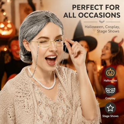 MAQIHAN Grandma Wig Costume Set - Gray Bun Wig with Cap and Glasses - color: Grey02