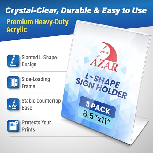 Azar 223238-3PK Anti-Glare Matte Clear Acrylic Sign Holders 8.5”W x 11”H – Portrait L-Shaped Frame for Tabletop, Counter Display – Side Loading, Durable Plastic Picture or Menu Frame (Pack of 3)