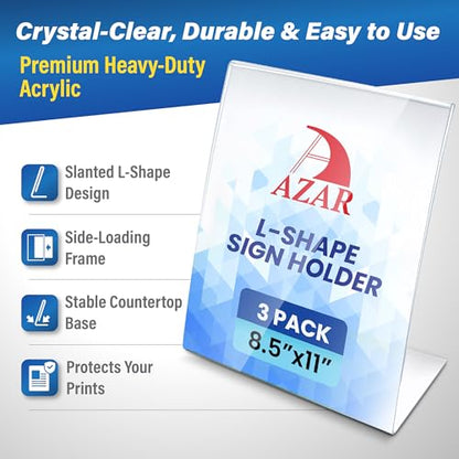 Azar 223238-3PK Anti-Glare Matte Clear Acrylic Sign Holders 8.5”W x 11”H – Portrait L-Shaped Frame for Tabletop, Counter Display – Side Loading, Durable Plastic Picture or Menu Frame (Pack of 3)