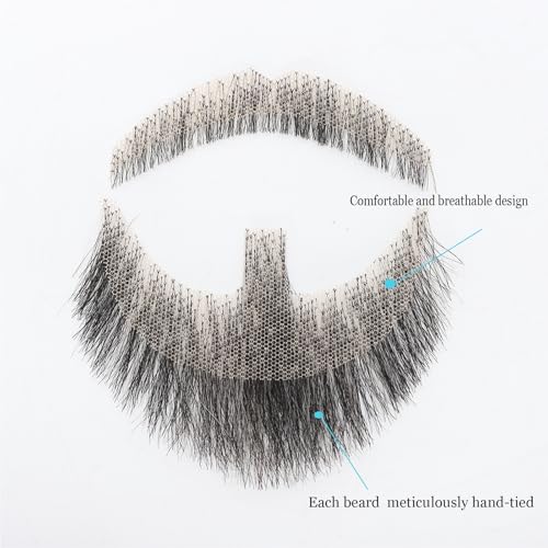 Hand-Tied Human Hair Fake Beard and Mustache for Costumes and Theater | Hand-knotted human hair on lightweight lace creates natural-looking facial hair for costumes, cosplay, theater and film - color: Style 1--02