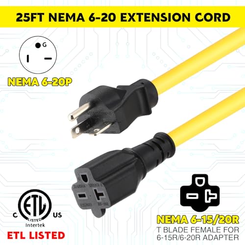 25 ft Nema 6-20 Extension Cord, Nema 6-20p Male Plug to 6-20r/6-15r Female Receptacle, 20 Amp T-Blade Outlet Extension Power Cord with Waterproof Sockets, Heavy Duty 12/3 Awg, 250v, 5000w - size: 25 ft