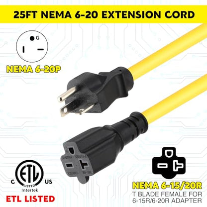 25 ft Nema 6-20 Extension Cord, Nema 6-20p Male Plug to 6-20r/6-15r Female Receptacle, 20 Amp T-Blade Outlet Extension Power Cord with Waterproof Sockets, Heavy Duty 12/3 Awg, 250v, 5000w - size: 25 ft