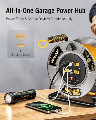 SURAIELEC Retractable Extension Cord Reel 100 Ft, Metal Steel Cable Drum - size: 100FT 14AWG