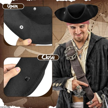 Xuyyicao Black Pirate Hat,Felt Tricorn Costume Colonial Hat | Pirate Costume Accessories Hat for Adult,Halloween,Dress Up,Party