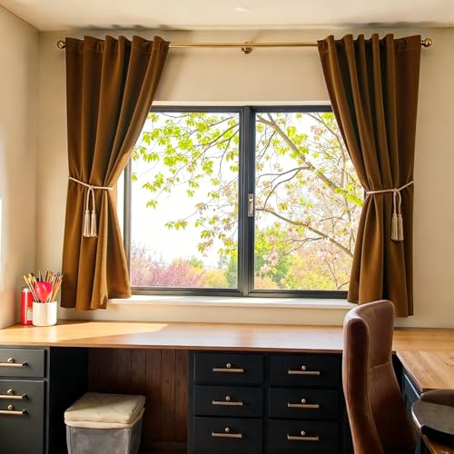 Lazzzy Blackout Golden Brown Velvet Curtains Rod Pocket 52×63 Inch 2 Panels | Soft Velvet, For Small Windows, Kitchens & Bathrooms, Light Shifting Texture, Elegant Luxury Drape, Rich, Rod Pocket - color: R | Gold Brown, size: 52"W x 63"L (Pack of 2)