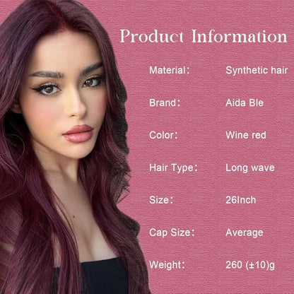 Aida ble Long Wine Red Wig for Women 26inch Burgundy Wavy Middle Part Wig | Natural Looking Synthetic Wig,Suitable for Daily Wear,Party,Halloween and Cosplay,Beginner-friendly,Lightweight and soft - color: wine red