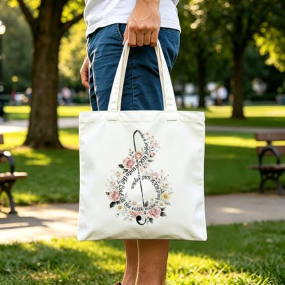 Aesthetic Music Floral Tote Bag for Women, Reusable Canvas Bag with Musical & Botanical Design, Daily Use Gift - color: White-music-016
