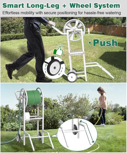 Hose Reel Cart with 2 Wheels, Garden Water Hose Holder Heavy Duty Powder Coated Steel Outdoor Winder Storage Holds 125 ft 5/8" Hoses with Basket and 3.9ft Leader Hose for Backyard, White - color: White