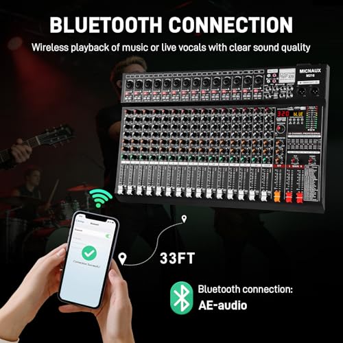 Audio Mixer 16 Channel Professional Sound Console Music Mixer with 320 DSP Effects, 7-band EQ DJ Mixing Board w/USB, Bluetooth, 48V Power Supply, PAD Button for Recording Karaoke PA Drum Live - size: 16 Channel - 21.8in
