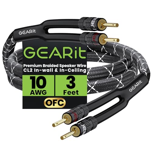 GEARit 10AWG Speaker Cable Wire with Gold-Plated Banana Tip Plugs (3 Feet) in-Wall CL2 Rated, Heavy Duty Braided, 99.9% Oxygen-Free Copper (OFC) - Black - size: 3 Feet
