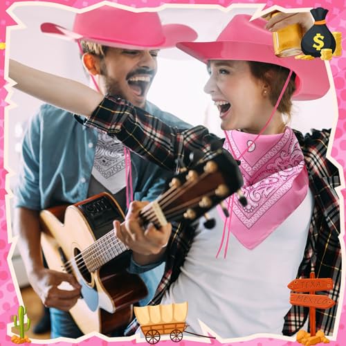 Hillban 48 Pack Cowboy Hats and Bandanas Set, Felt Plastic Cowgirl Hats for Women Men Cowboy Western Party Supplies(Pink, White) - color: Pink, White