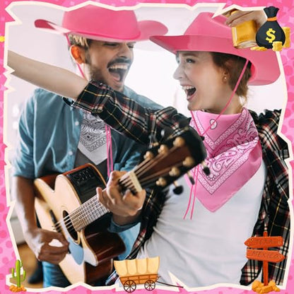 Hillban 48 Pack Cowboy Hats and Bandanas Set, Felt Plastic Cowgirl Hats for Women Men Cowboy Western Party Supplies(Pink, White) - color: Pink, White