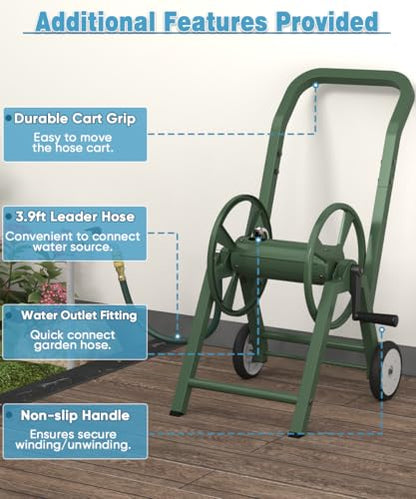 Garden Hose Reel Cart with Wheels, Holds 165 ft of 5/8’’ Hose Outdoor Heavy Duty Powder-coated Steel Water Storage Holder Rack with 3.9 Ft Leader Hose for Outside Lawn Yard, Green