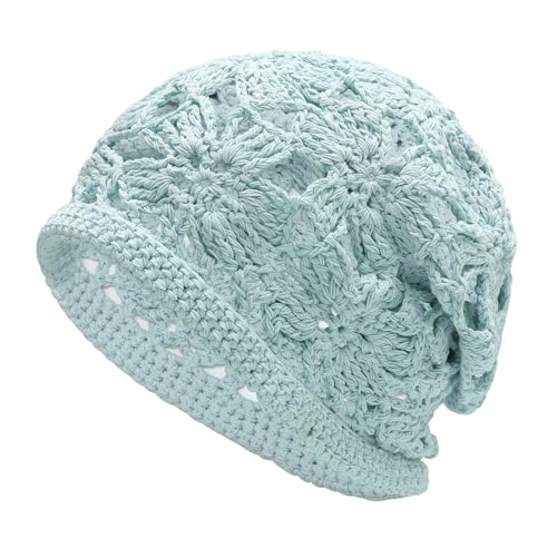 ZLYC Women Cotton Crochet Slouchy Beanie Hat Handmade Knit Summer Skull Cap | Lightweight breathable,boho casual chic look,travel photos festival party,café commute daily wear,beach concert gathering - color: Crochet Blue