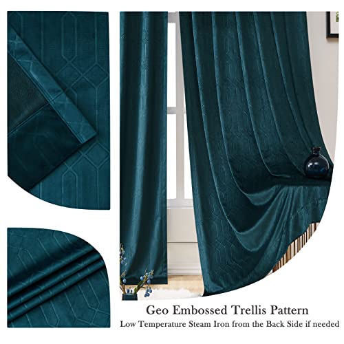 Central Park Teal Velvet Blackout Panels Window Curtain 90% Room Darkening Rod Pocket Back Tab Geometric Embossed Trellis Themal Weave Drapes for Living Room and Bedroom (52" Wx63 L, 2 Panels) - color: Teal, size: 52"W x 63"L (Pack of 2)