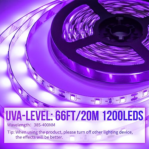 66ft/20M LED Black Light Strip Kit, 1200 Units Lamp Beads, 385nm-400nm, 12V Flexible Blacklight Fixtures, 20M LED Ribbon, Non-Waterproof for Indoor, Birthday, Dark Party, Halloween, Christmas
