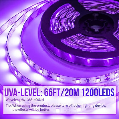 66ft/20M LED Black Light Strip Kit, 1200 Units Lamp Beads, 385nm-400nm, 12V Flexible Blacklight Fixtures, 20M LED Ribbon, Non-Waterproof for Indoor, Birthday, Dark Party, Halloween, Christmas
