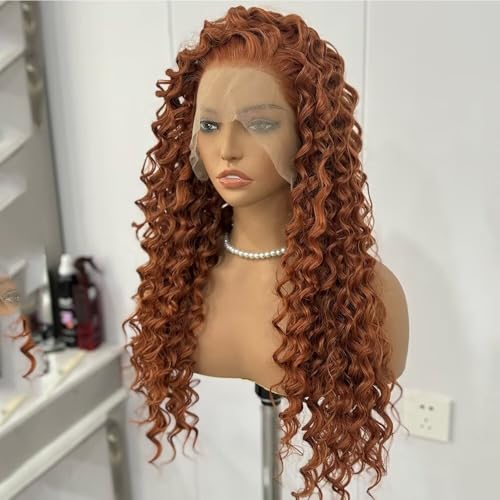 RONGDUOYI Ginger Long Curly Lace Wig Glueless Synthetic Lace Front Wigs For Women Heat Resistant Cosplay Orange 24Inch Long Deep Curl Wig Princess Merida Cosplay - color: Ginger Orange