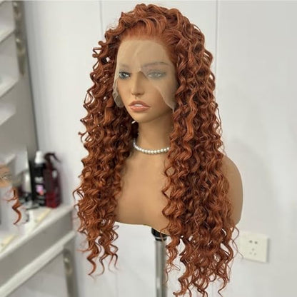 RONGDUOYI Ginger Long Curly Lace Wig Glueless Synthetic Lace Front Wigs For Women Heat Resistant Cosplay Orange 24Inch Long Deep Curl Wig Princess Merida Cosplay - color: Ginger Orange
