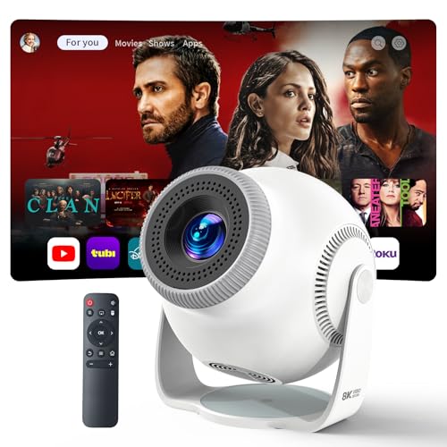 Smart Mini Projector with WiFi 6 and Bluetooth 5.4, White | Android 14 OS, Built-in Apps, 270° Rotation, Support 1080P 4K, Portable Projector for Home Theater, Bedroom, Outdoor Movies