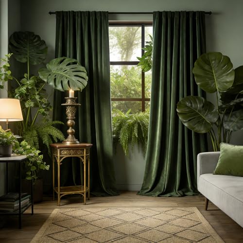 Velvet Blackout Curtains 52" W x 84" L - Olive Green Room Darkening Drapes with Rod Pocket & Back Tab, 2 Panel Set for Bedroom Living Room - color: Rod Pocket |Olive Green, size: 52"W x 84"L (Pack of 2)