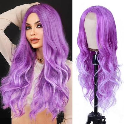 Aida ble Long Wavy Lavender Purple Wig for Women 26inch Middle Part Wig | Natural Looking Synthetic Hair,Suitable for Daily Wear,Party,Halloween and Cosplay,Beginner-friendly,Lightweight and soft - color: Purple One piece