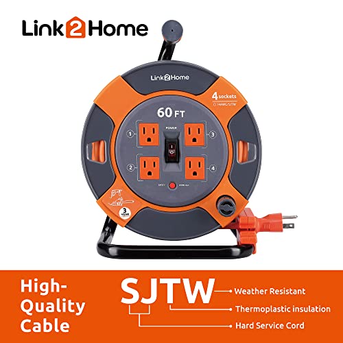 Link2Home 60 Ft. Extension Cord Reel, 4 Power Outlets, 14 AWG SJTW | Heavy-duty cable, high-visibility jacket, ideal for job sites and garages - size: 60 feet