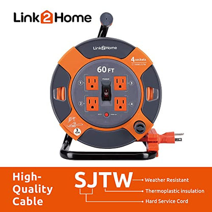 Link2Home 60 Ft. Extension Cord Reel, 4 Power Outlets, 14 AWG SJTW | Heavy-duty cable, high-visibility jacket, ideal for job sites and garages - size: 60 feet