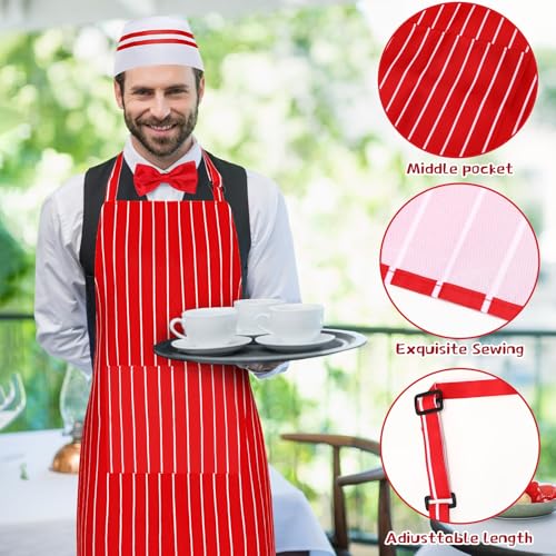 10 Pcs 1950s Waiter Costume Kit Including Chef Hat Apron Bow Tie Gloves for Cosplay Costume Circus Party(Adult Size) - color: Red Stripe B