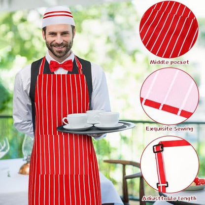 10 Pcs 1950s Waiter Costume Kit Including Chef Hat Apron Bow Tie Gloves for Cosplay Costume Circus Party(Adult Size) - color: Red Stripe B