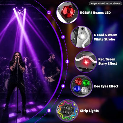 8 Arm Moving Head DJ Lights -200W RGBW LED Party Lights with RG Starlight,6 Strobe Lights, 540° Pan 180° Tilt, DMX512 & Sound Activated Auto Mode - DJ Lights for Parties, KTV, Wedding, Club