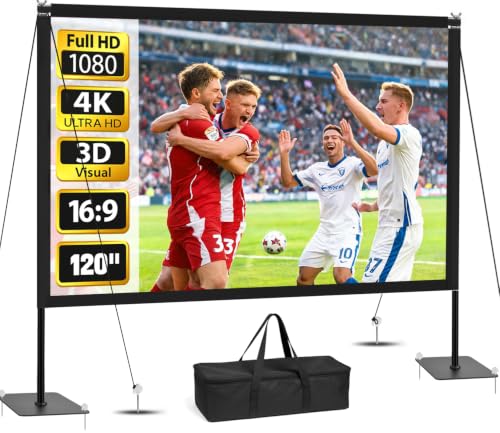 Projector Screen with Stand, Solid Metal Frame, 120 Inch 16:9 4K HD Projection Screen, Wrinkle-Free, Front & Rear Projection, Portable for Home Theater, Backyard Moive Night, Camping and Office - size: 120inch - Large
