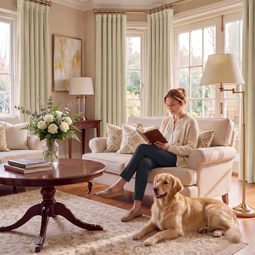 RYB HOME Beige Velvet Curtains 84 inches Long for Bedroom Farmhouse | Thermal Insulated, Room Darkening, UV Privacy Block, With Hook Belt, Back Tab, Living Dining Room, W52 x L84, 2 Panels - color: Beige, size: 52"W x 84"L (Pack of 2)