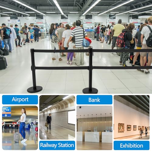 Wonderjune 6 Pcs Crowd Control Stanchions Set Stainless Steel Barrier Post with Dual Retractable Belt 9.8 ft and 1 Sign Holder Crowd Safety Control Barrier Solid Base Easy Connect Assembly