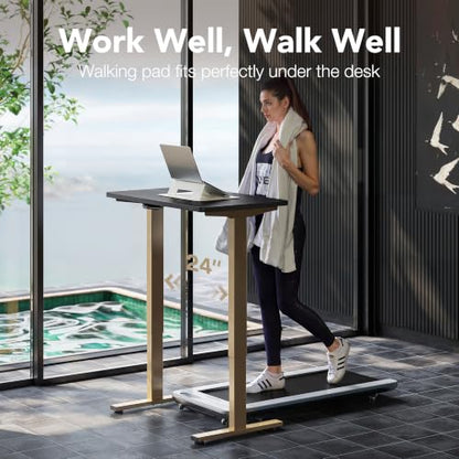 HUANUO 32" Small Electric Standing Desk Adjustable Height, 4 Memory Height Settings, Sit Stand Up Desk for Home Office & Computer Workstation, Black and Gold Frame | 176 Lbs Capacity, Rounded Corners, Wheel-Ready Feet, Compact Desktop, Apartment Workspace