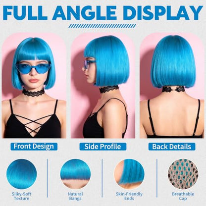 Short Bob Straight Hair Wigs with Bangs, Heat Resistant Fiber Hair, Cat Eye Glasses for Women (Sky Blue) - color: Sky Blue