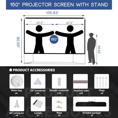 Projector Screen and Stand 150 inch Large Outdoor Projection Screen 16:9 HD 4K Portable Projection Movie Screen with Carry Bag Foldable Anti Crease Windproof Design for Home Theater Backyard Cinema - size: 150 inch
