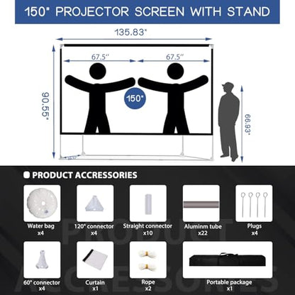Projector Screen and Stand 150 inch Large Outdoor Projection Screen 16:9 HD 4K Portable Projection Movie Screen with Carry Bag Foldable Anti Crease Windproof Design for Home Theater Backyard Cinema - size: 150 inch
