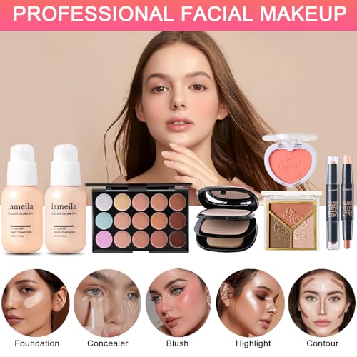 All in One Makeup Kit for Women Full Kit, Professional Travel Makeup Kit for Women & Teens, Foundation Eyeshadow Lipstick Brow Pencil Eyeliner Contour Powder, Complete Make Up Gift Set for Beginners